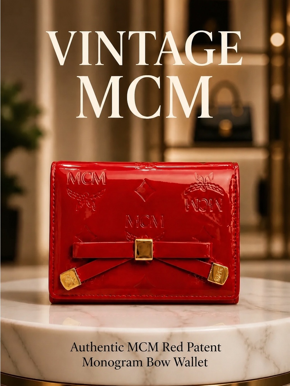 Authentic MCM Red Patent Monogram Bow Wallet